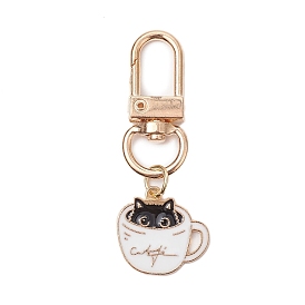 Cup with Cat Alloy Enamel Pendant Decorations, Alloy Swivel Clasps Charms for Bag Ornaments
