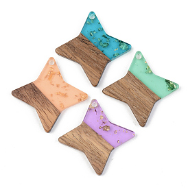 Transparent Resin & Walnut Wood Pendants, with Gold Foil, Star