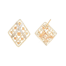 Brass Micro Pave Clear Cubic Zirconia Stud Earring Findings, for Half Drilled Beads, Nickel Free, Rhombus