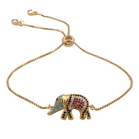 Bracelet éléphant réglable avec zircon micro-incrusté et strass colorés