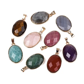 Colgantes de piedras preciosas naturales, dijes ovalados de latón con bisel, con hierro complemento en fianzas, facetados, dorado