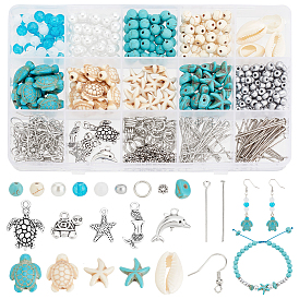 Kit de fabrication de boucles d'oreilles pendantes en perles de turquoise synthétiques, boucles d'oreilles thème océan coquillage naturel