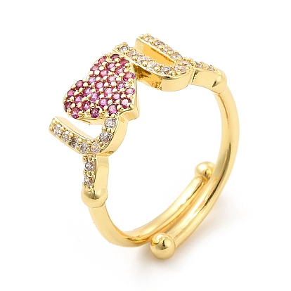 Rack Plating Brass Micro Pave Camellia Cubic Zirconia Rings, Heart Love Adjustable Rings, Cadmium Free & Lead Free, Long-Lasting Plated