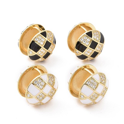 Clear Cubic Zirconia Tartan Pattern Ball Huggie Hoop Earrings with Enamel, Golden Brass Jewelry for Women