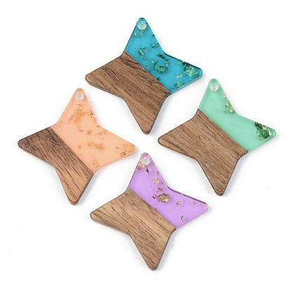 Transparent Resin & Walnut Wood Pendants, with Gold Foil, Star