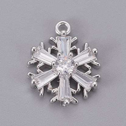 Brass Cubic Zirconia Pendants, Long-Lasting Plated, Christmas Snowflake, Clear