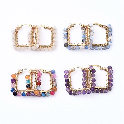 201 Stainless Steel Hoop Earrings, Beaded Hoop Earrings, with Natural Gemstone Beads, Rectangle, Golden