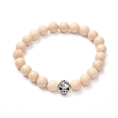 Energy Natural Fossil Stretch Bracelet for Men Women, Tibetan Style Skull Bracelet