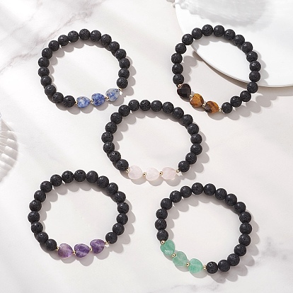 Браслеты из натуральных смешанных драгоценных камней для женщин, сердце и круглый, с 304 из нержавеющей стали бусы, золотые