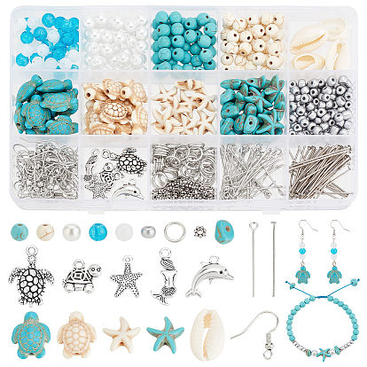 Kit de fabrication de boucles d'oreilles pendantes en perles de turquoise synthétiques, boucles d'oreilles thème océan coquillage naturel