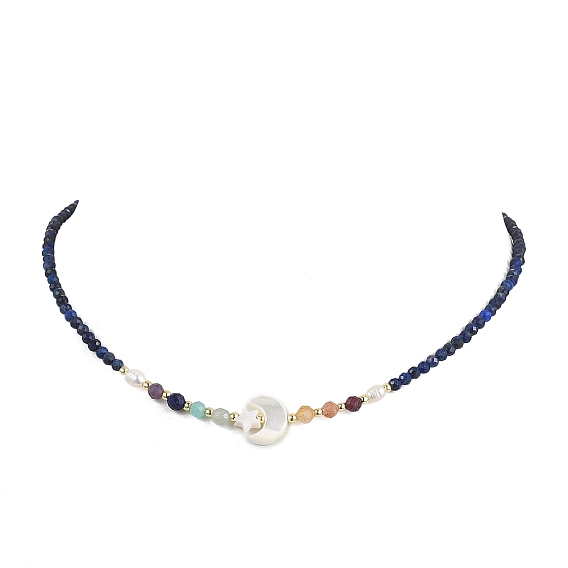 Ожерелье из натурального жемчуга, белой раковины в форме звезды и луны, а также ограненного круглого натурального лазурита для женщин., золотые, красочный