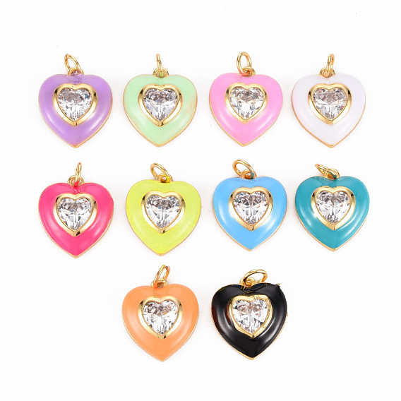 Brass Enamel Pendants, with Clear Cubic Zirconia and Jump Ring, Nickel Free, Real 16K Gold Plated, Heart