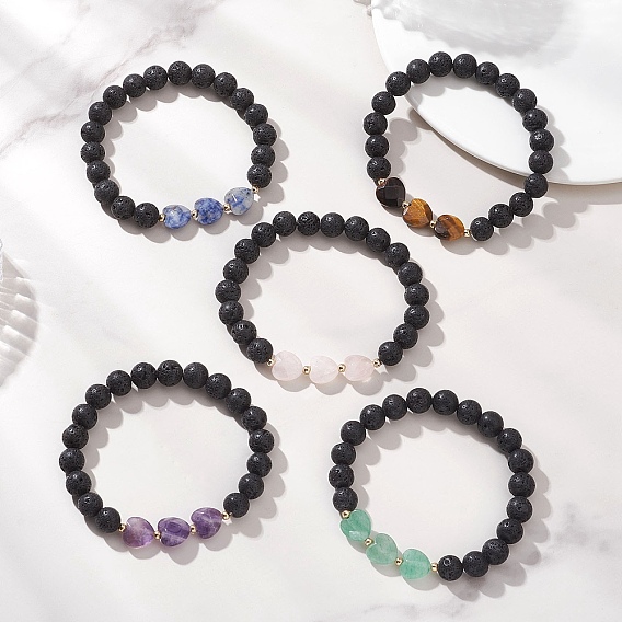 Браслеты из натуральных смешанных драгоценных камней для женщин, сердце и круглый, с 304 из нержавеющей стали бусы, золотые