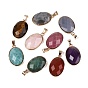 Natural Gemstone Pendants, Brass Oval Bezeled Charms, with Iron Snap On Bails, Faceted, Golden