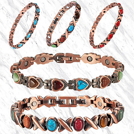 Браслеты-цепочки из цинкового сплава, синтетической бирюзы, натурального обсидиана, синтетического авантюрина и кошачьего глаза, с магнитной застежкой, Красная медь
