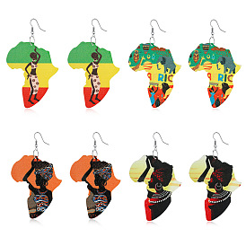 Серьги в виде африканской карты с леопардовым принтом и яркими деревянными каплями - украшение в винтажном стиле