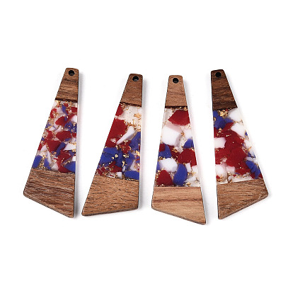 Transparent Resin & Walnut Wood Big Pendants, with Gold Foil, Two-Tone, Trapezoid Charms