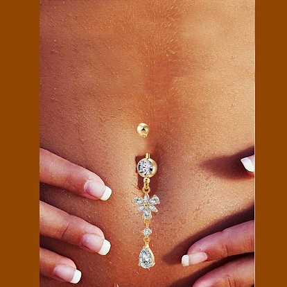Brass Cubic Zirconia Navel Ring, Belly Rings, with 304 Stainless Steel Bar, Cadmium Free & Lead Free, Flower and Teardrop