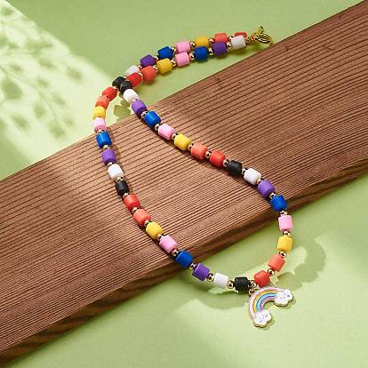 Rainbow Alloy Enamel Pendant Necklaces for Women, Handmade Polymer Clay Bead Necklace