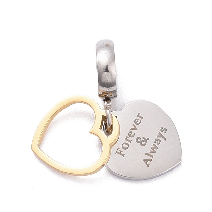 304 Stainless Steel European Dangle Charms, Large Hole Pendants, Heart with Word Forever & Always