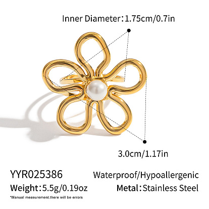 Европейский стиль 304 Кольца-манжеты из нержавеющей стали с полыми цветами для женщин, с круглой имитацией жемчуга