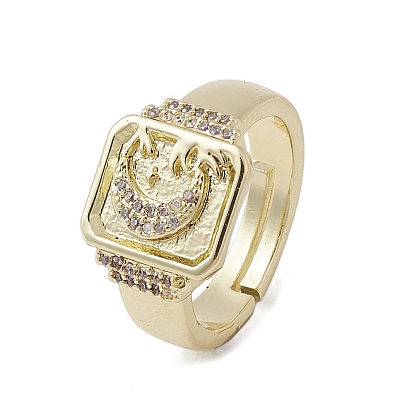 Brass Adjustable Rings, Cadmium Free & Nickel Free & Lead Free, with Cubic Zirconia, Square with Moon