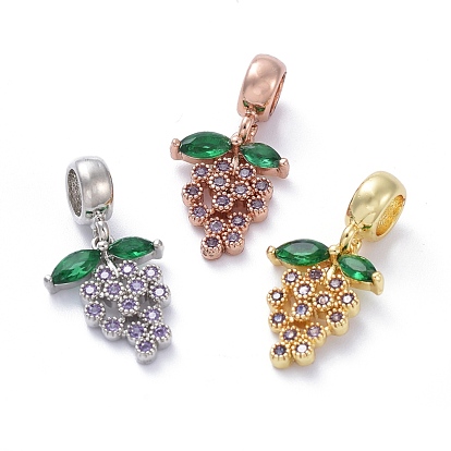 Brass Micro Pave Cubic Zirconia European Dangle Charms, Large Hole Pendants, with Tube Bails, Grape, Colorful