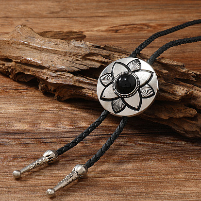Colliers de lasso en cuir PU, Collier avec pendentif en forme de fleur en alliage avec pierres précieuses naturelles et synthétiques mélangées