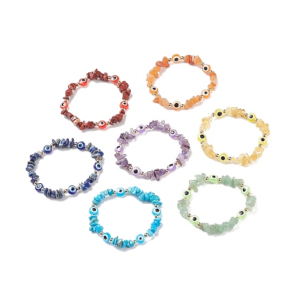 7Pcs Natural & Synthetic Mixed Gemstone Chips & Resin Evil Eye Beaded Stretch Bracelets Set, Lucky Jewelry for Women