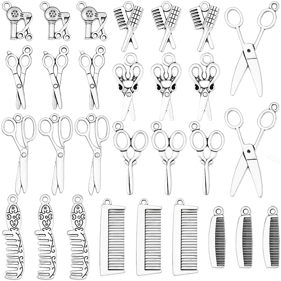 100Pcs 10 Styles Haircut Theme Tibetan Style Pendants, Tools Charms
