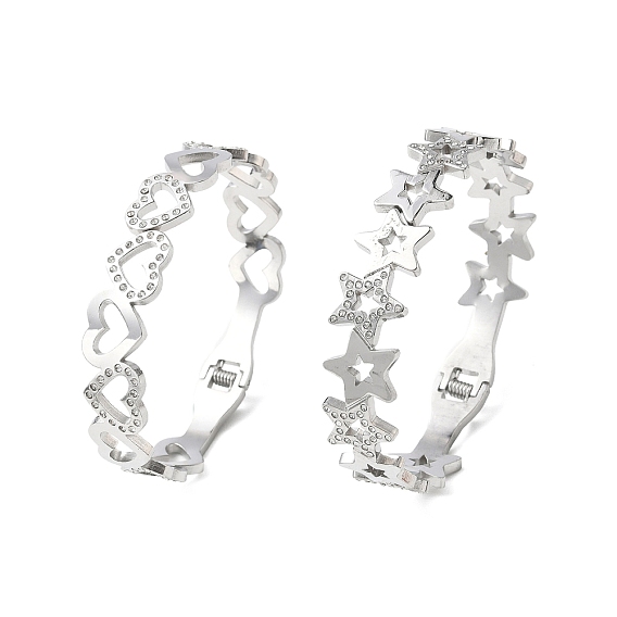 Полые 304 браслеты из нержавеющей стали для женщин, браслеты со стразами на шарнирах, цвет нержавеющей стали