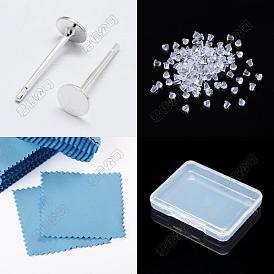 10 Pairs 925 Sterling Silver Flat Pad Stud Earring Settings, with S925 Stamp, with 50Pcs Plastic Ear Nuts