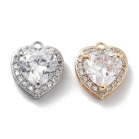 Brass Micro Pave Clear Cubic Zirconia Pendants, with Glass, Heart