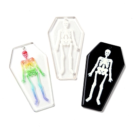 Printed Acrylic Pendants, for Halloween, Coffin with Skeleton Charm
