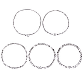 Unicraftale 10Pcs 5 Styles 304 Stainless Steel Box Chain Bracelets, with Lobster Claw Clasps
