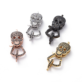 Brass Micro Pave Cubic Zirconia Lobster Claw Clasps, with Bail Beads/Tube Bails, Skull, Black