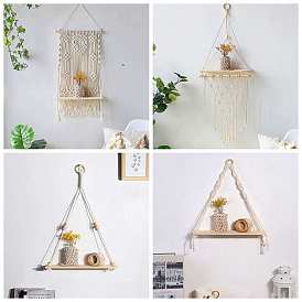 Cotton Macrame Wall Hanging Display Racks, with Wood Beads, for Living Room Bedroom Decoration