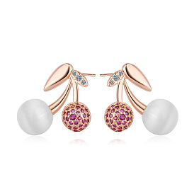 Rose Gold Cherry Cat Eye Stud Earrings - Sweet and Delicate Ear Jewelry