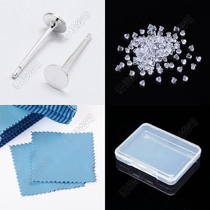 10 Pairs 925 Sterling Silver Flat Pad Stud Earring Settings, with S925 Stamp, with 50Pcs Plastic Ear Nuts