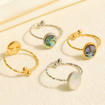 304 Открытые кольца-манжеты из нержавеющей стали с натуральными раковинами для женщин, овальные