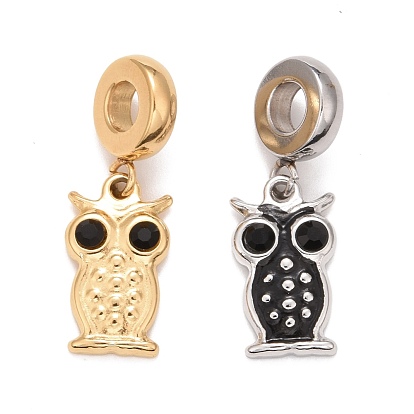 304 Stainless Steel European Dangle Charms, Large Hole Pendants, with Jet Rhinestone, Owl