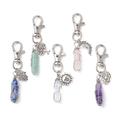 Wire Wrapped Mixed Gemstones Bullet Pendant Decorations, with Tibetan Style Alloy Charms and Swivel Lobster Claw Clasps, Mixed Shape