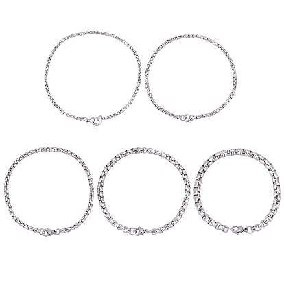 10Pcs 5 Styles 304 Stainless Steel Box Chain Bracelets, with Lobster Claw Clasps