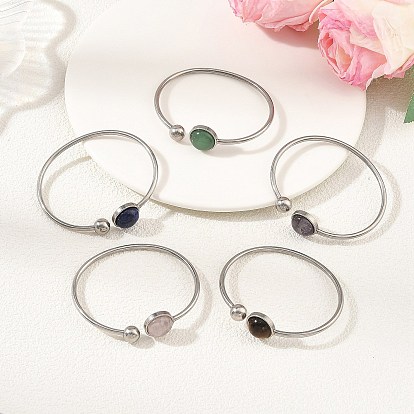 304 Stainless Steel Cuff Bangles for Women, with Flat Round Natural Mixed Gemstone, Stainless Steel Color