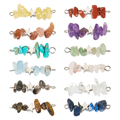 12Pcs 12 Styles Mixed Gemstone Chip & Brass Star Links Connector Charms