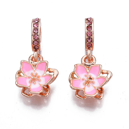 Rack Plating Alloy Enamel European Dangle Charms, with Rose Rhinestone, Large Hole Pendants, Cadmium Free & Nickel Free & Lead Free, Flower