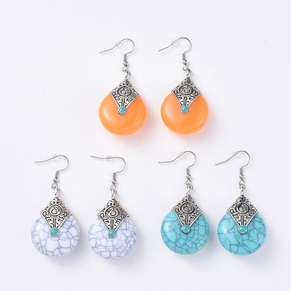 Teardrop Resin Dangle Earrings, with Tibetan Style Alloy Enamel Findings, 316 Surgical Stainless Steel Earring Hooks and Plastic Ear Nuts/Earring Back