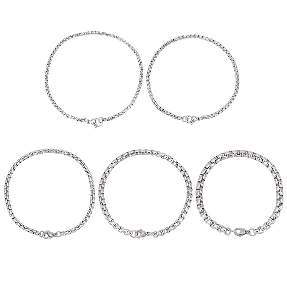 10Pcs 5 Styles 304 Stainless Steel Box Chain Bracelets, with Lobster Claw Clasps