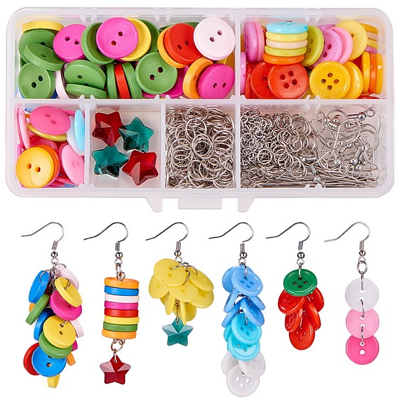 DIY Earring Making, with Acrylic/Wood Sewing Buttons, Glass Pendants, Brass Earring Hooks and Iron Findings