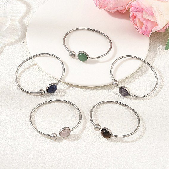 304 Stainless Steel Cuff Bangles for Women, with Flat Round Natural Mixed Gemstone, Stainless Steel Color